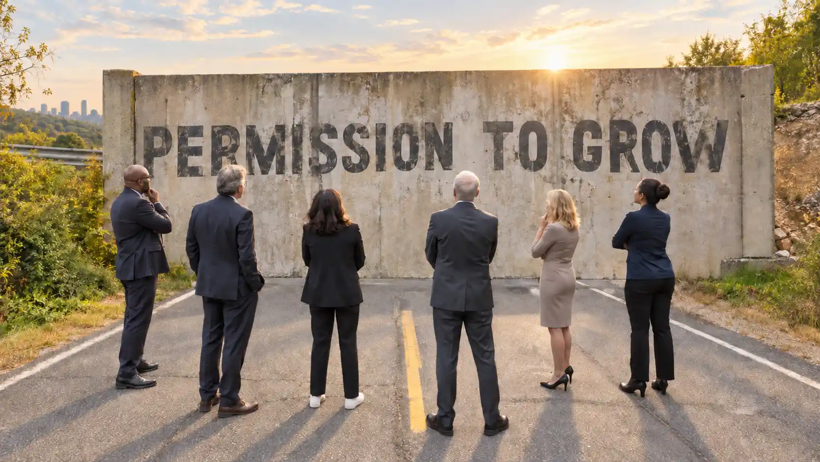 Six executives standing on a road, facing a concrete wall painted with the words Permission to Grow